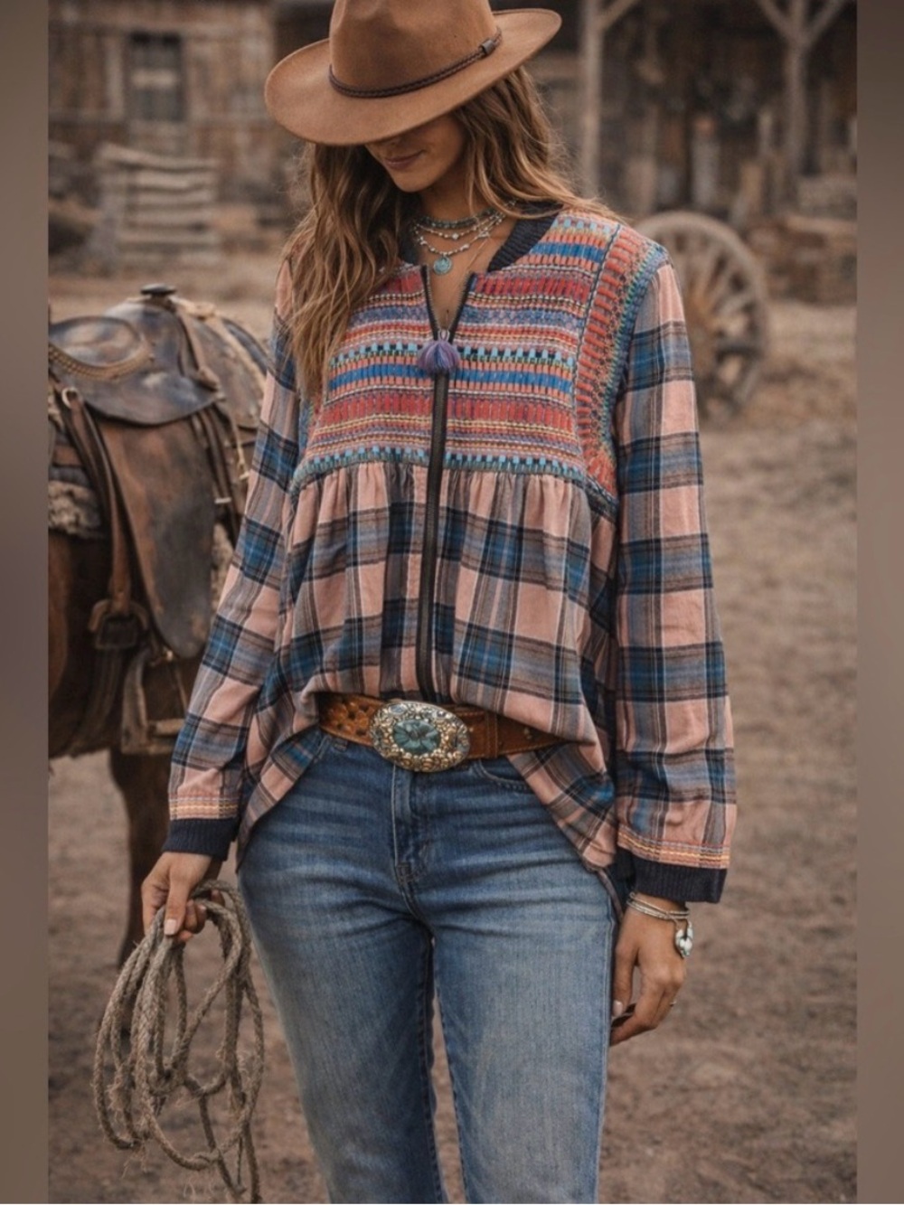 Ivy Jane plaid boho embroidered lightweight jacket